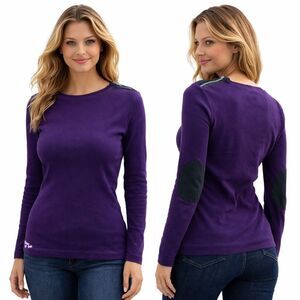 Vintage Shoulder Zipper top embroidered faux suede black elbow patches Purple XS
